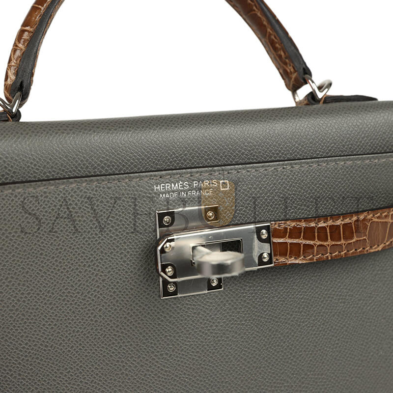 H**mes MASTER MINI KELLY SELLIER GRIS MEYER MADAME AND FICELLE SHINY ALLIGATOR TOUCH PALLADIUM HARDWARE (19*12*5.5cm)